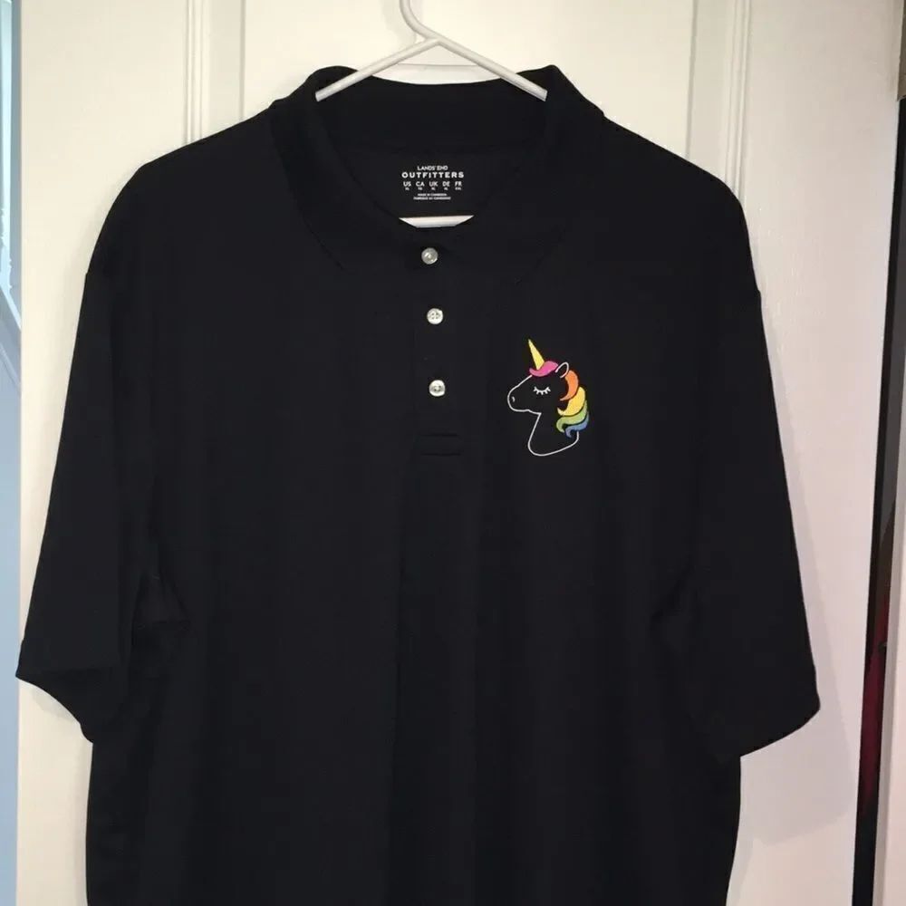 Black w/Rainbow Unicorn men’s polyester Brony fan Golf Polo Tennis shirt XL